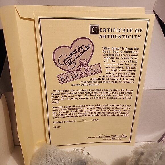 New Vintage Annette Funicello Bear Co. 9" Plush Bear  "Mint Julep" COA & Tags - Picture 2 of 9